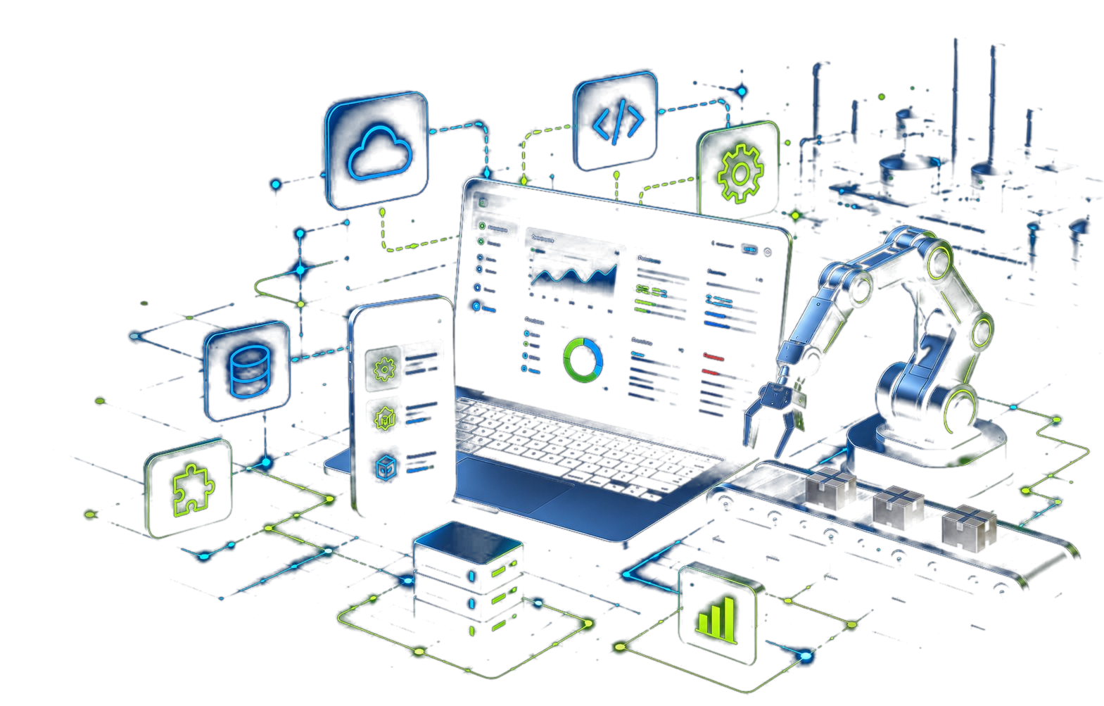 Painel, app, servidores e braço robótico conectados — tecnologia Box TI