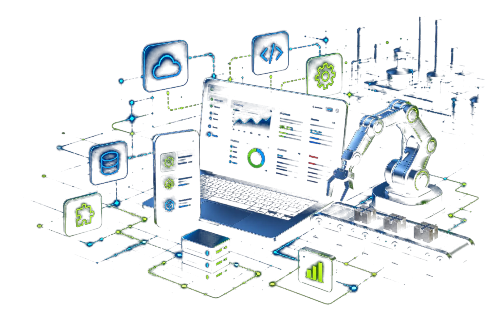 Soluções digitais sob medida da Box TI: dashboard, aplicativo, integração de sistemas e automação de processos com braço robótico industrial